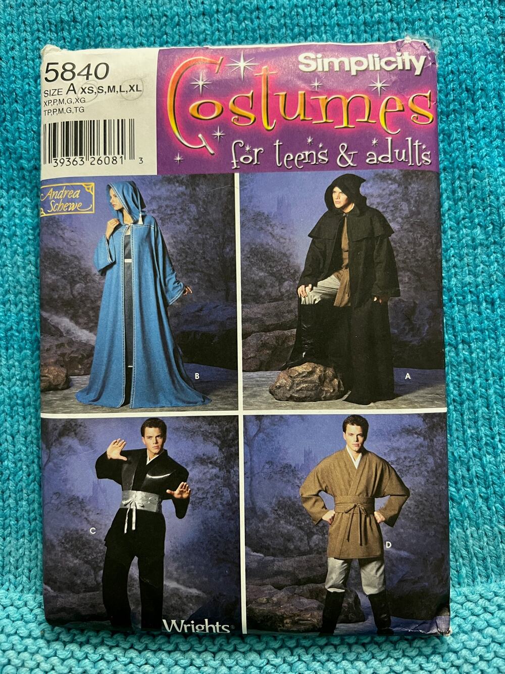 Simplicity 5840 Sewing pattern cloak cape tunic jedi costume size XS